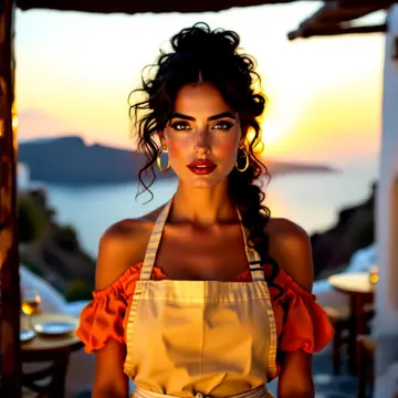 Eleni Papadaki, a Greek taverna owner in a yellow apron on a cliffside terrace at sunset