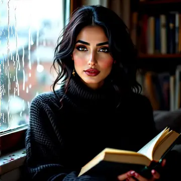 Farah Rahimi, an Iranian poet holding an open book in front of a rain-streaked window