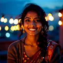 Priya Raman, an Indian astrologer smiling at a rooftop night market strung with lights