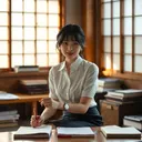 Nanako Ishikawa, a Japanese language teacher at a low table in a sunlit Kyoto classroom