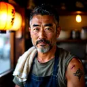 Kaito Mori, a greying Japanese ramen chef in an apron behind the counter of his shop