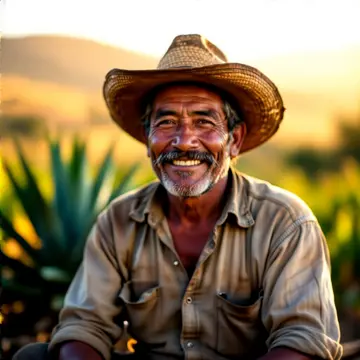 Mateo Cruz, a weathered Oaxacan mezcal maker in a straw hat among agave fields
