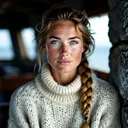 Ingrid Halvorsen, a Norwegian lighthouse keeper in a cream fisherman's sweater by a window