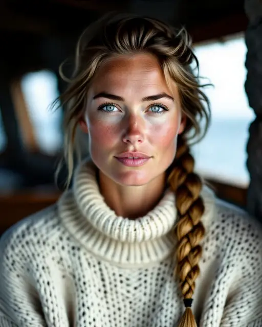 Ingrid Halvorsen, a Norwegian lighthouse keeper in a cream fisherman's sweater, inside the lighthouse with the sea behind her
