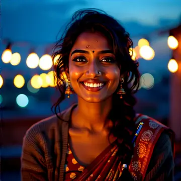 Priya Raman, an Indian astrologer smiling at a rooftop night market strung with lights